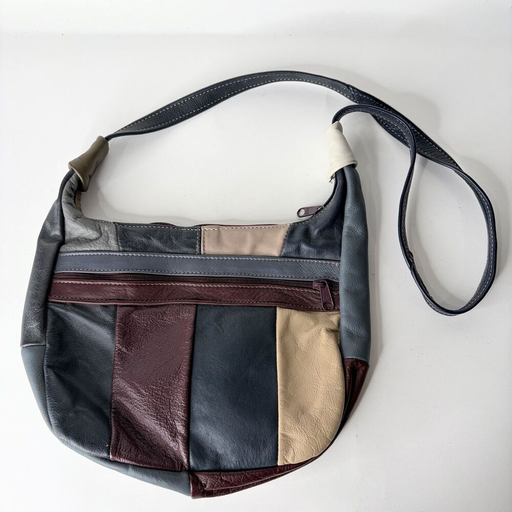 Vintage Patchwork Leather Purse Shoulder Bag 90s Y2K VTG Blue Tan Maroon Boho